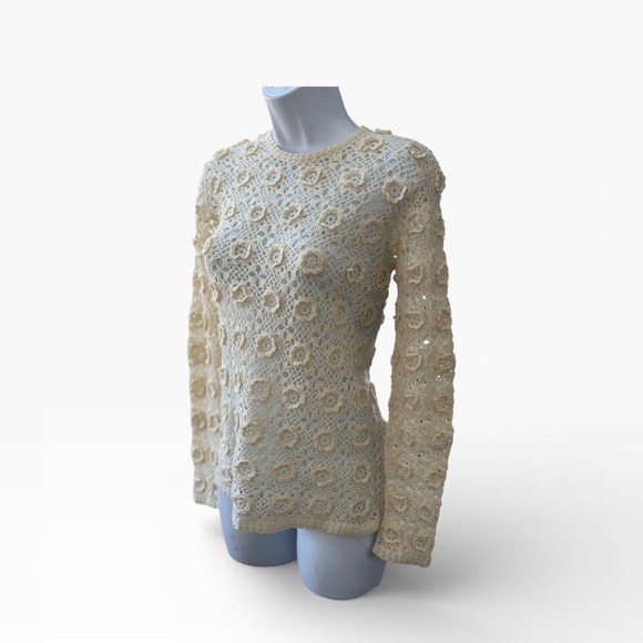 Elegant Cream Crochet Wool Knit Top ivory stretch semi sheer long sleeve cottage - Picture 5 of 8